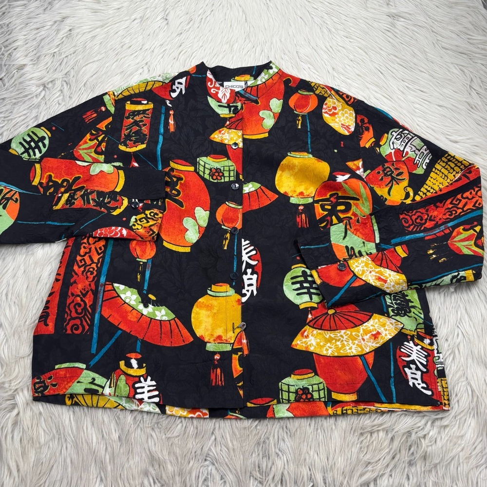 Chico's Women's M (1) Asian Lantern Printed Silk Button Front‎ Top Art to Wear